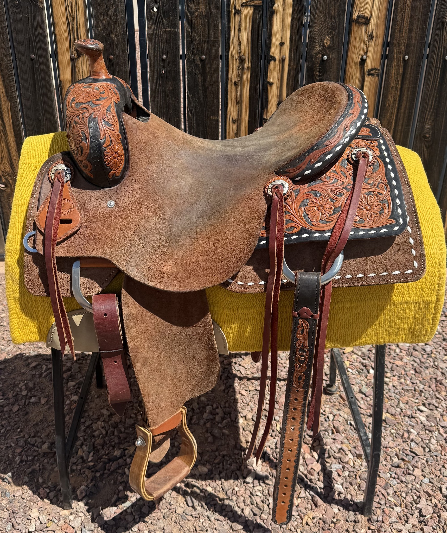 SRS Ranch Saddle 16 inch two-tone black tan hand tooled
